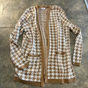 Kim Rogers Cardigan Sweater Women's 2XL Brown Houndstooth Open Cotton